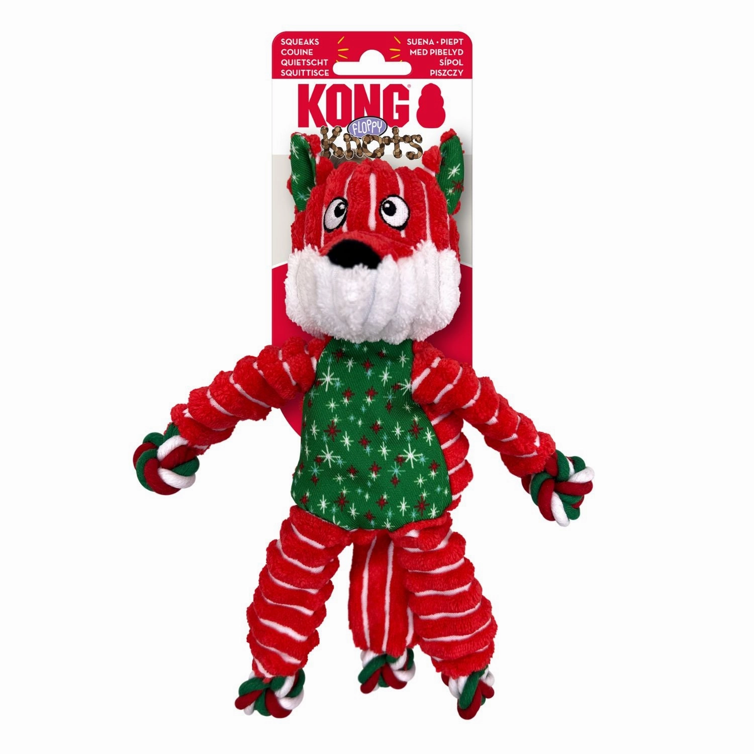 KONG Holiday Floppy Knots Fox 2024 | Small/Medium Christmas Corduroy Feel Squeaky Dog Toy