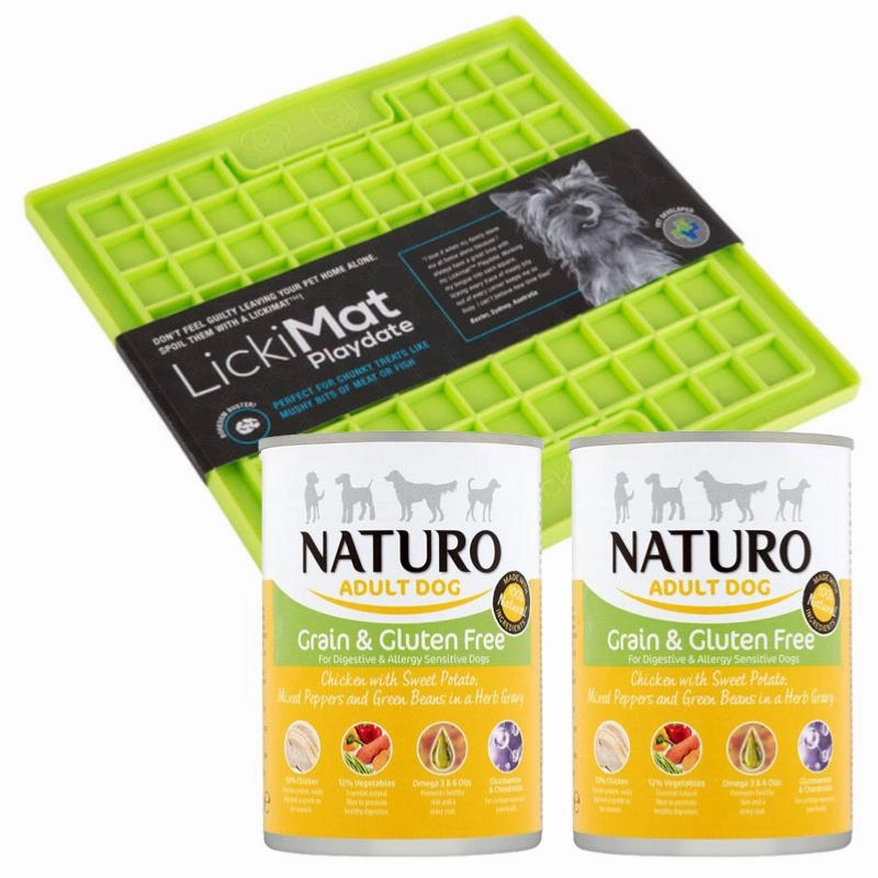 Lickimat Playdate Treat Mat & 2 X Naturo Wet Dog Food Tin - Chicken 390g