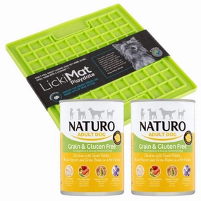 Lickimat Playdate Treat Mat & 2 X Naturo Wet Dog Food Tin - Chicken 390g